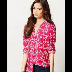 Anthropologie Pink Maeve Overland Geometric Print Shirt Button-down Top Size 6